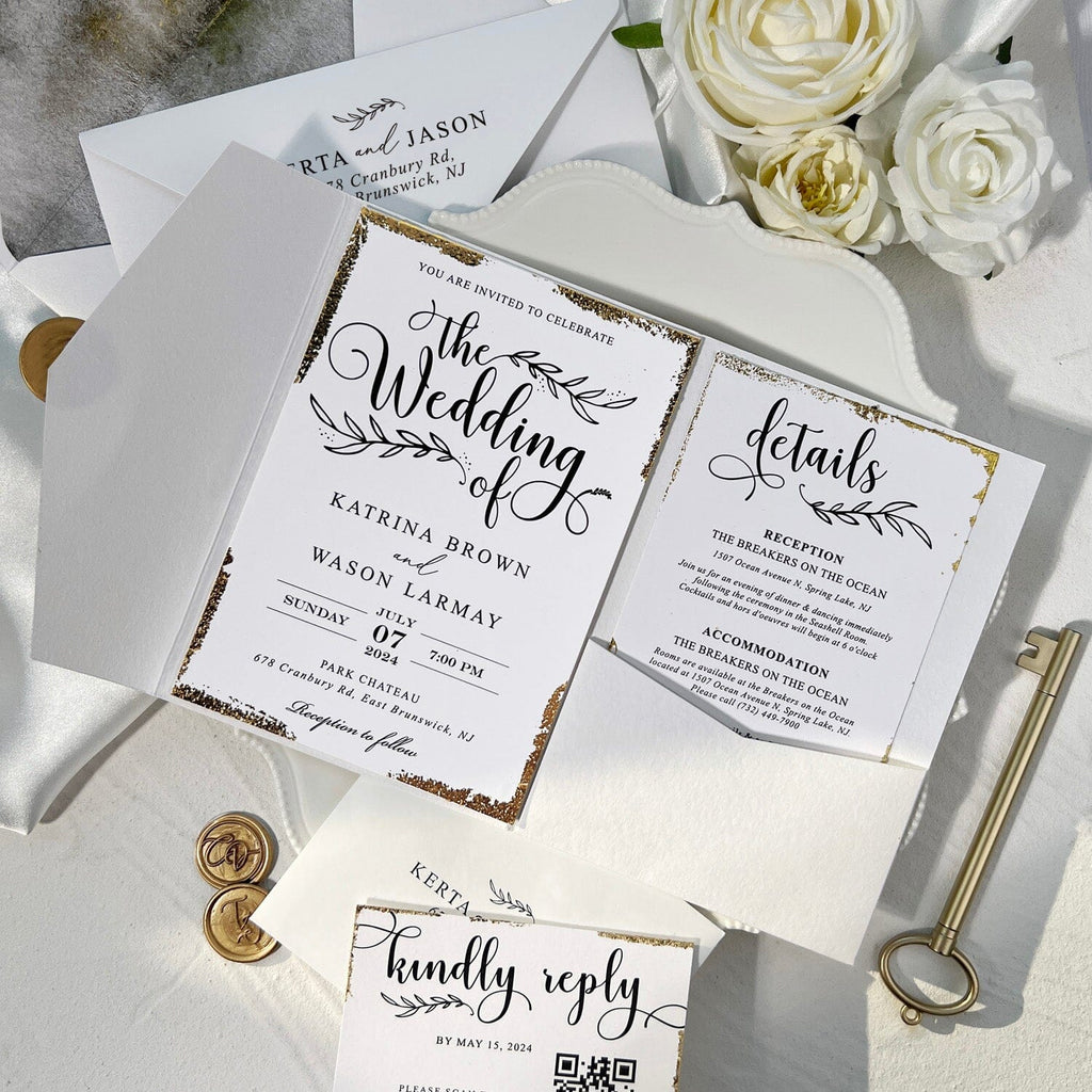 5x7 Tri-fold Pocket Wedding Invitations and Hand Torn Invite Cards, Gold Deckled Edge Invitation, Wax Seals Wedding Ceremony Supplies Picky Bride