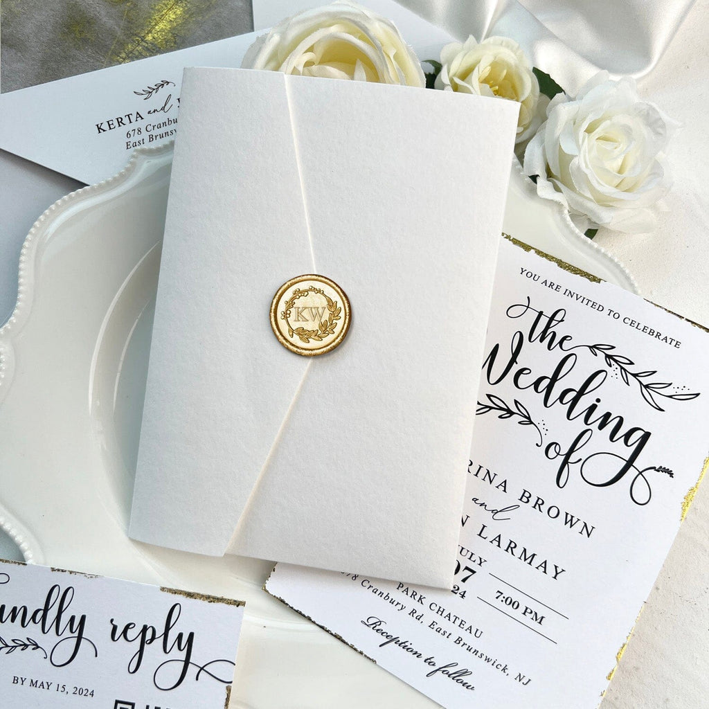 5x7 Tri-fold Pocket Wedding Invitations and Hand Torn Invite Cards, Gold Deckled Edge Invitation, Wax Seals Wedding Ceremony Supplies Picky Bride