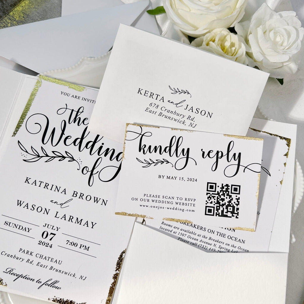 5x7 Tri-fold Pocket Wedding Invitations and Hand Torn Invite Cards, Gold Deckled Edge Invitation, Wax Seals Wedding Ceremony Supplies Picky Bride