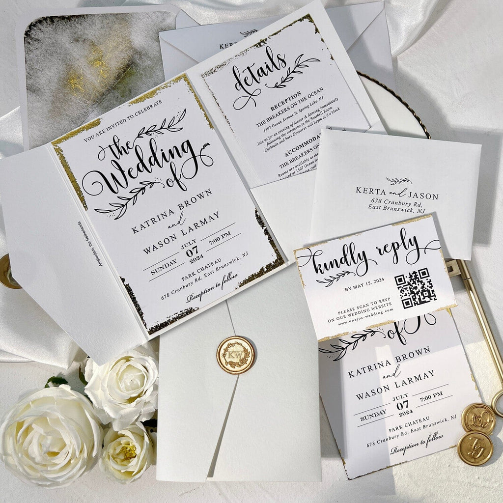 5x7 Tri-fold Pocket Wedding Invitations and Hand Torn Invite Cards, Gold Deckled Edge Invitation, Wax Seals Wedding Ceremony Supplies Picky Bride