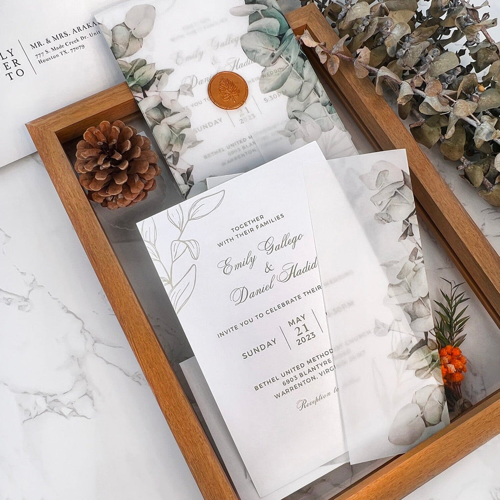 5x7 Vellum Eucalyptus Wedding Invitations and Gold leaf Wax Seal, Greenery Foliage Wedding Invites, Botanical Invites Card Wedding Ceremony Supplies Picky Bride