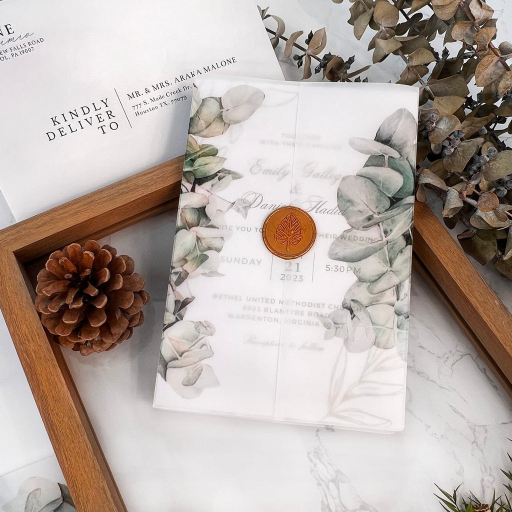 5x7 Vellum Eucalyptus Wedding Invitations and Gold leaf Wax Seal, Greenery Foliage Wedding Invites, Botanical Invites Card Wedding Ceremony Supplies Picky Bride