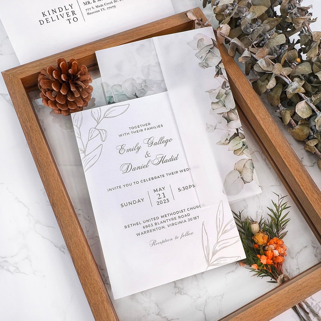 5x7 Vellum Eucalyptus Wedding Invitations and Gold leaf Wax Seal, Greenery Foliage Wedding Invites, Botanical Invites Card Wedding Ceremony Supplies Picky Bride