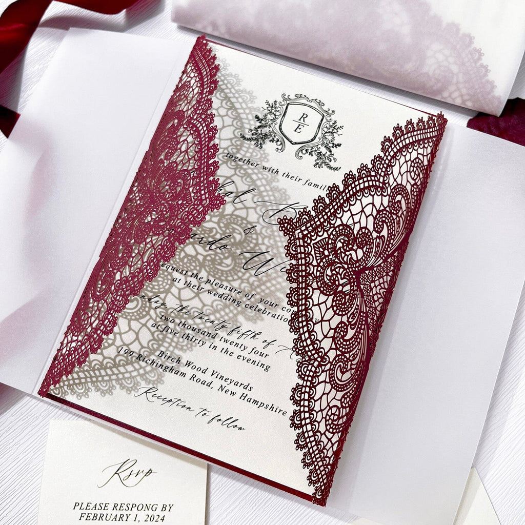 5x7inch Burgundy Lace Wedding Invitation Suite and Vellum Wrap, Laser Cut Royal Wedding Invites Elegant, Customized Wax Seal Wedding Ceremony Supplies Picky Bride