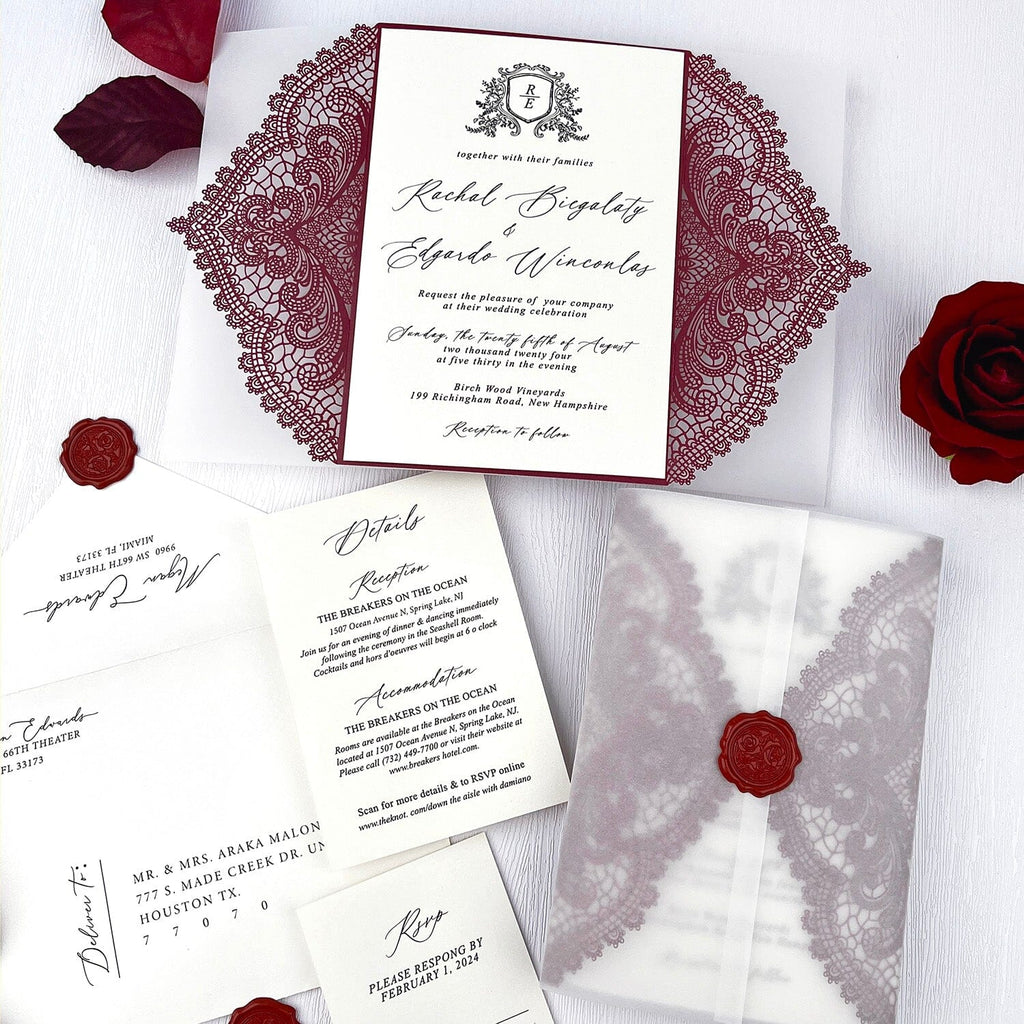 5x7inch Burgundy Lace Wedding Invitation Suite and Vellum Wrap, Laser Cut Royal Wedding Invites Elegant, Customized Wax Seal Wedding Ceremony Supplies Picky Bride