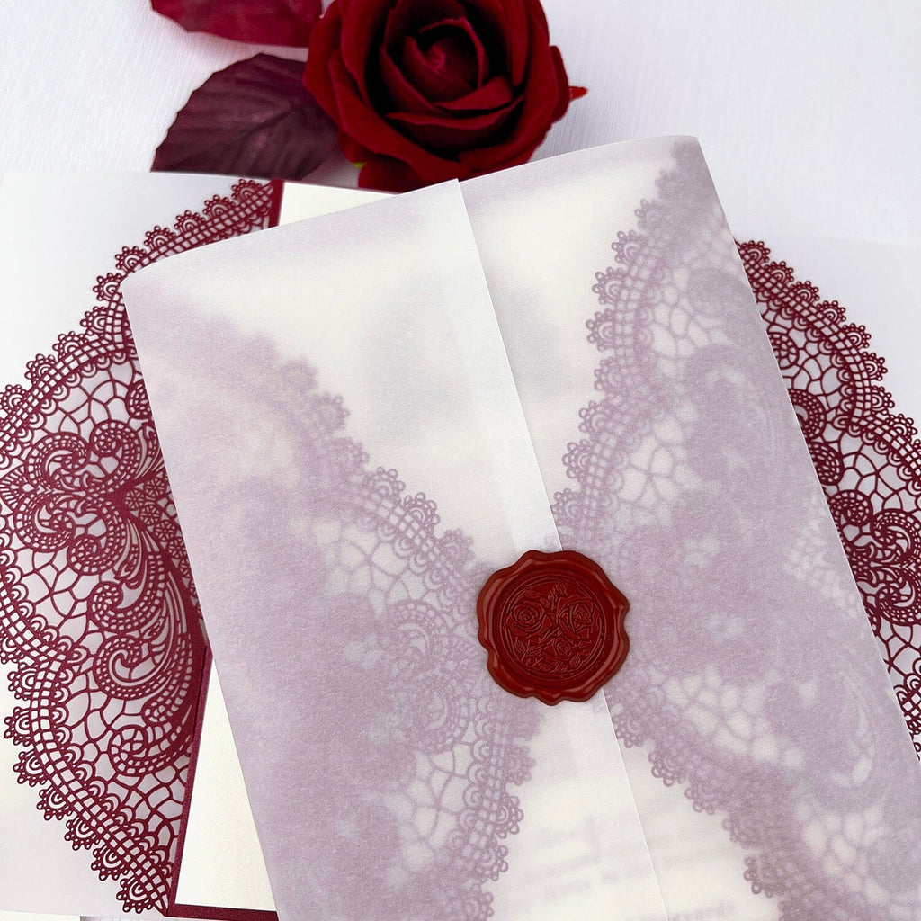 5x7inch Burgundy Lace Wedding Invitation Suite and Vellum Wrap, Laser Cut Royal Wedding Invites Elegant, Customized Wax Seal Wedding Ceremony Supplies Picky Bride