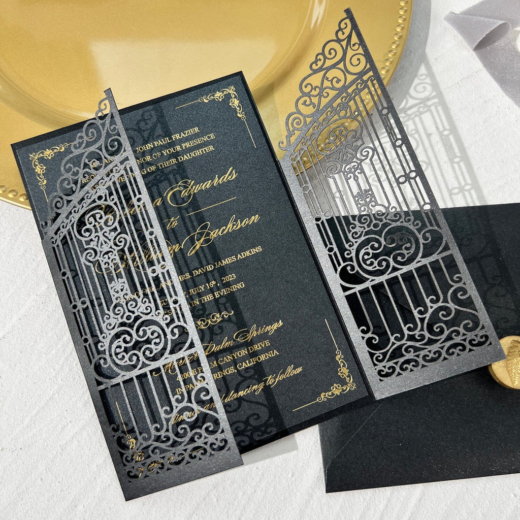 Black and Gold Wedding Invitation, Golden Acrylic Monogram Invitations, Luxury Gold Foil Wedding Card with Black Envelope Wedding Ceremony Supplies Picky Bride 