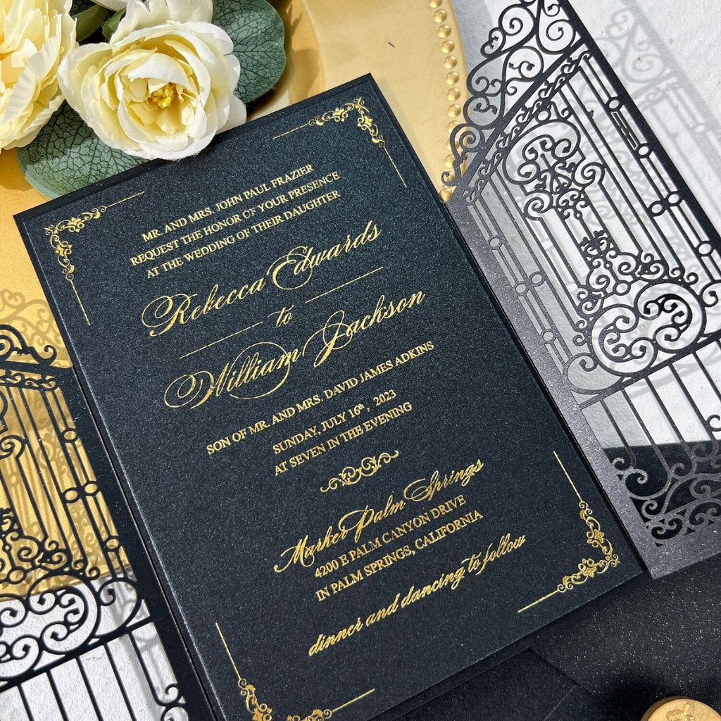 Black and Gold Wedding Invitation, Golden Acrylic Monogram Invitations, Luxury Gold Foil Wedding Card with Black Envelope Wedding Ceremony Supplies Picky Bride 