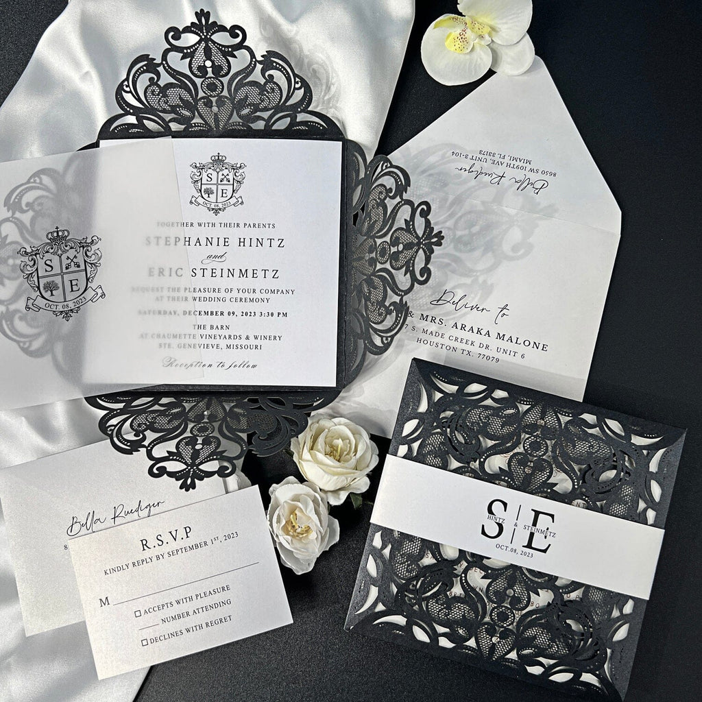 Black and White Laser Cut Wedding Invitation and RSVP, Monogram Invites Card, Elegant Wedding Logo Wedding Ceremony Supplies Picky Bride Invitation + RSVP 