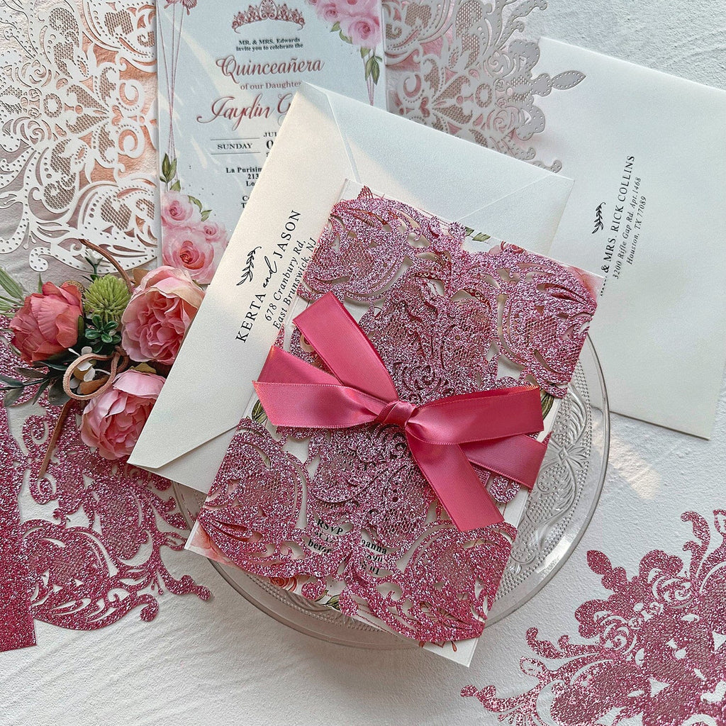 Blush Pink Glitter Quinceanera Invites, Romantic Princess Crown Invitations, Dusty Rose Floral Party Invitation with Sweet Ribbon Picky Bride