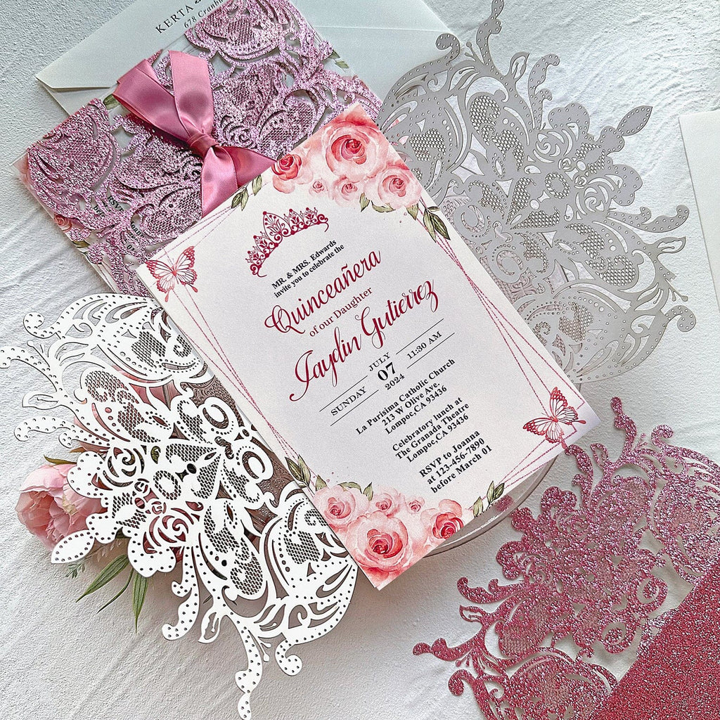 Blush Pink Glitter Quinceanera Invites, Romantic Princess Crown Invitations, Dusty Rose Floral Party Invitation with Sweet Ribbon Picky Bride
