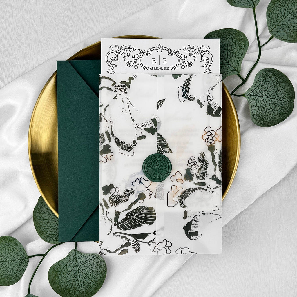 Botanical Green Wedding Invitations, Rustic Greenery Printed Vellum Jacket Invites, Customized Forest Wedding Invitation Wedding Ceremony Supplies Picky Bride