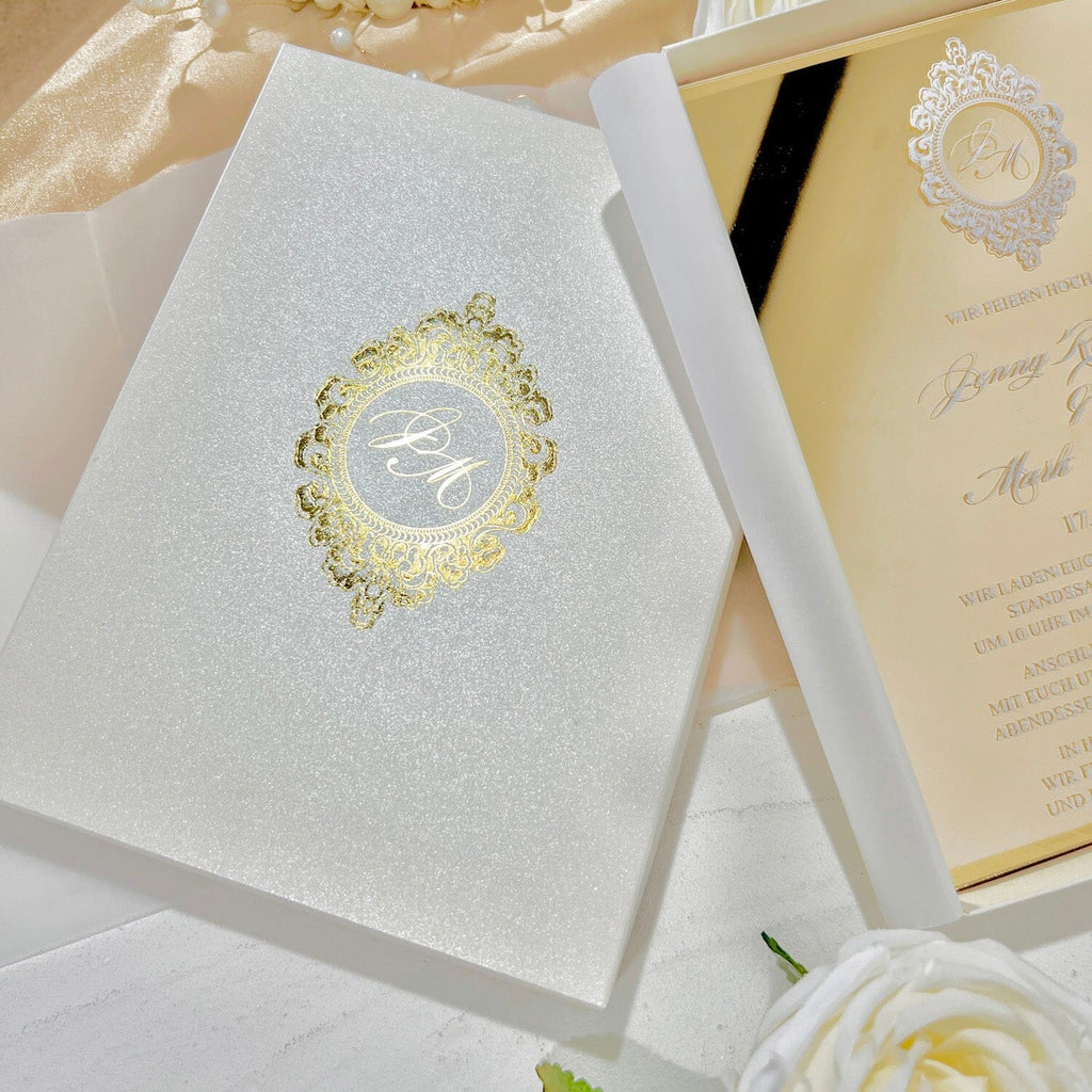 Boxed Gold Mirror Wedding Invitations and Foiled RSVP Cards, Acrylic Wedding Invite in Gold Foil Box, Personalized Wedding logo Wedding Ceremony Supplies Picky Bride