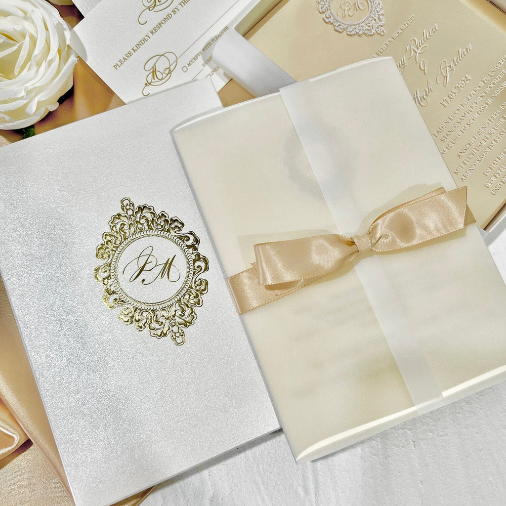 Boxed Gold Mirror Wedding Invitations and Foiled RSVP Cards, Acrylic Wedding Invite in Gold Foil Box, Personalized Wedding logo Wedding Ceremony Supplies Picky Bride