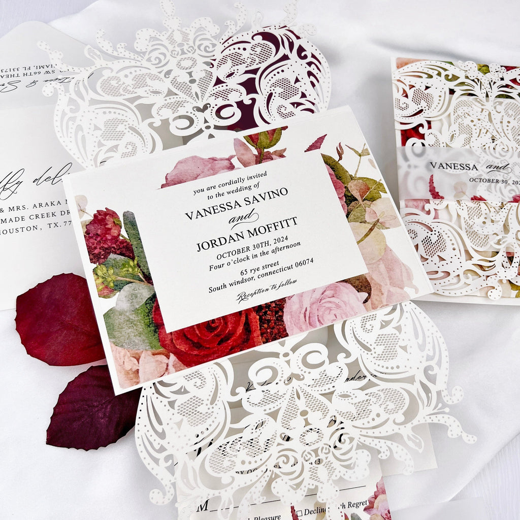 Burgundy Floral and Lace Laser Cut Wedding Invitation, Romantic Roses Frame Wedding Invites, Elegant Gatefold Invitations with Customized Vellum Belly Band Wedding Ceremony Supplies Picky Bride