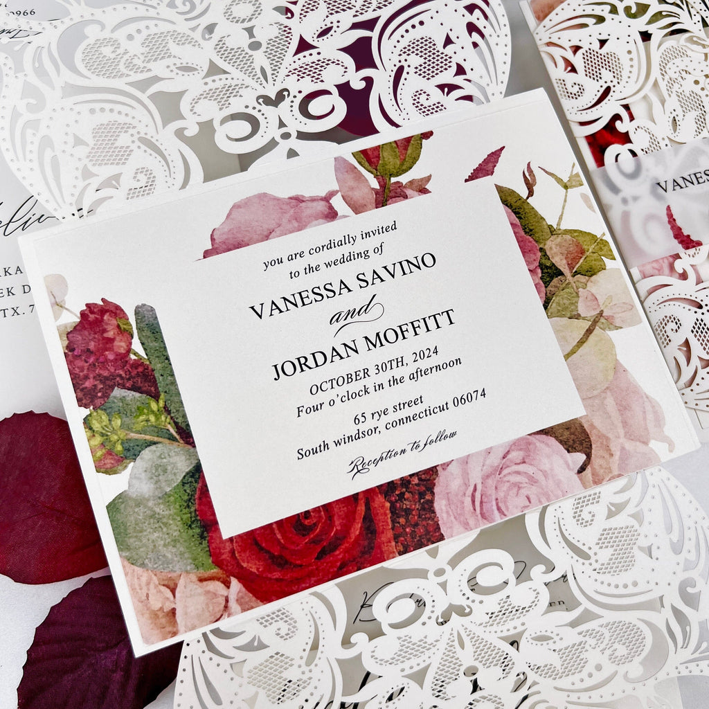 Burgundy Floral and Lace Laser Cut Wedding Invitation, Romantic Roses Frame Wedding Invites, Elegant Gatefold Invitations with Customized Vellum Belly Band Wedding Ceremony Supplies Picky Bride