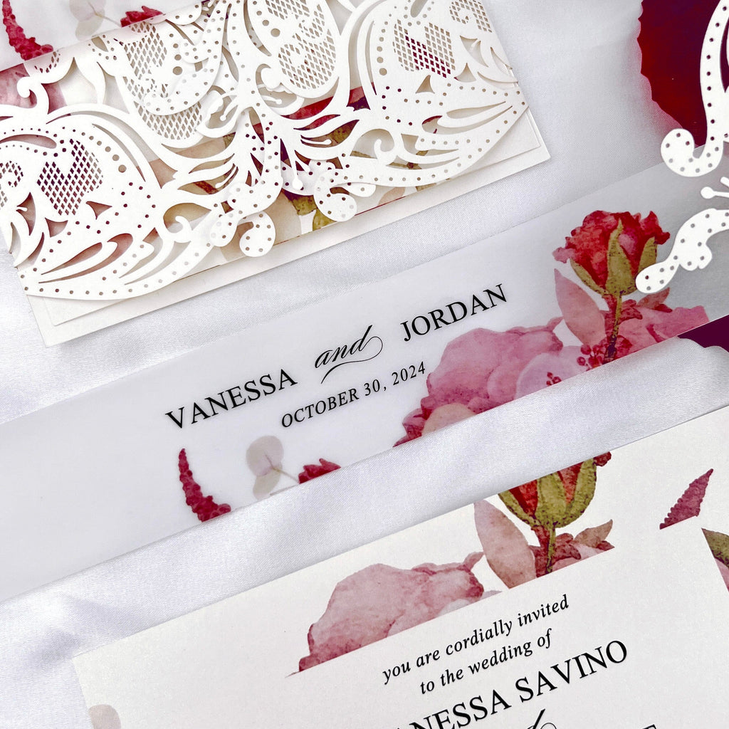 Burgundy Floral and Lace Laser Cut Wedding Invitation, Romantic Roses Frame Wedding Invites, Elegant Gatefold Invitations with Customized Vellum Belly Band Wedding Ceremony Supplies Picky Bride