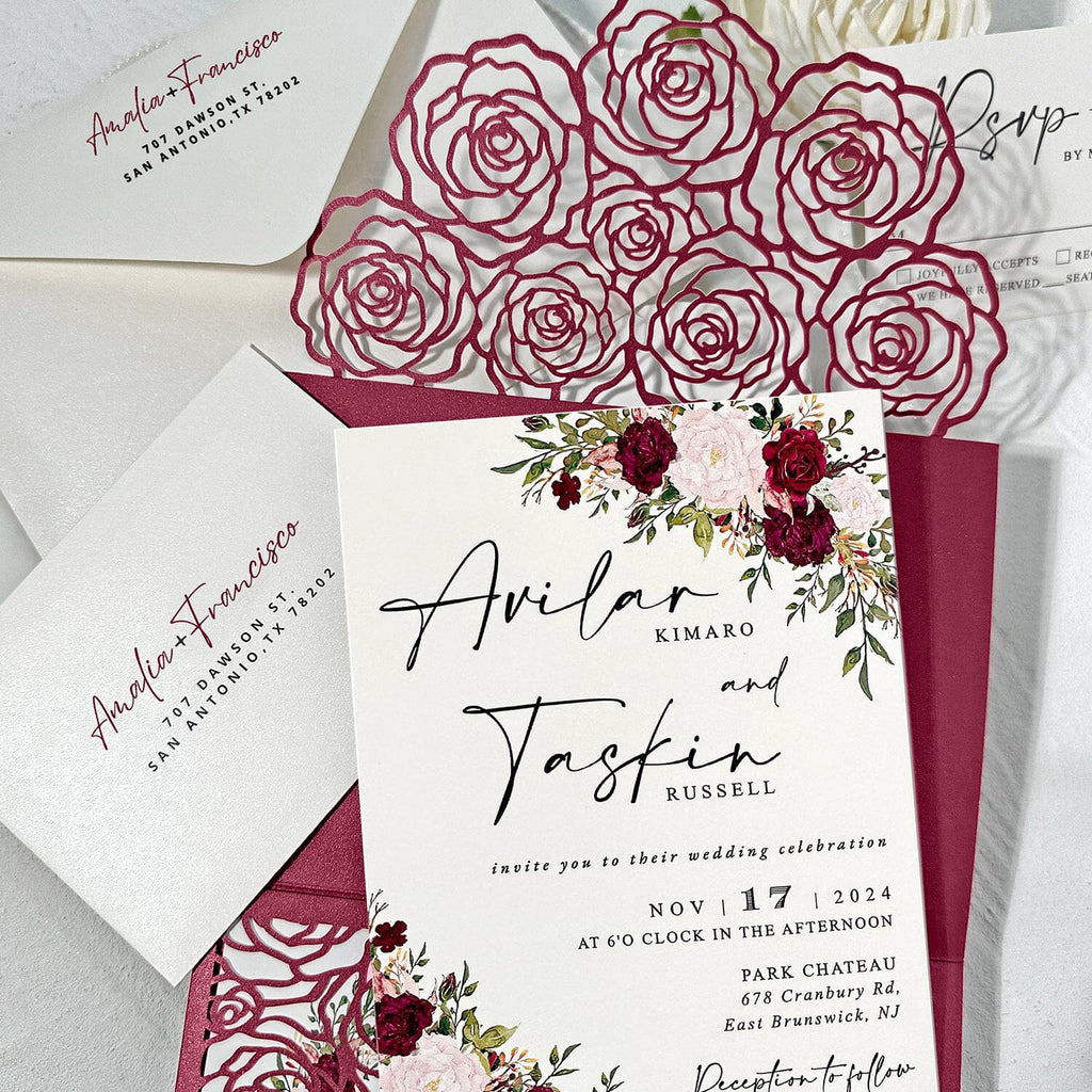 Burgundy Floral Pocket Wedding Invitation Set, Romantic Rose Laser Cut Trifold Invites, Elegant Red and Blush Flowers RSVP, Personalized Detail Cards Wedding Ceremony Supplies Picky Bride