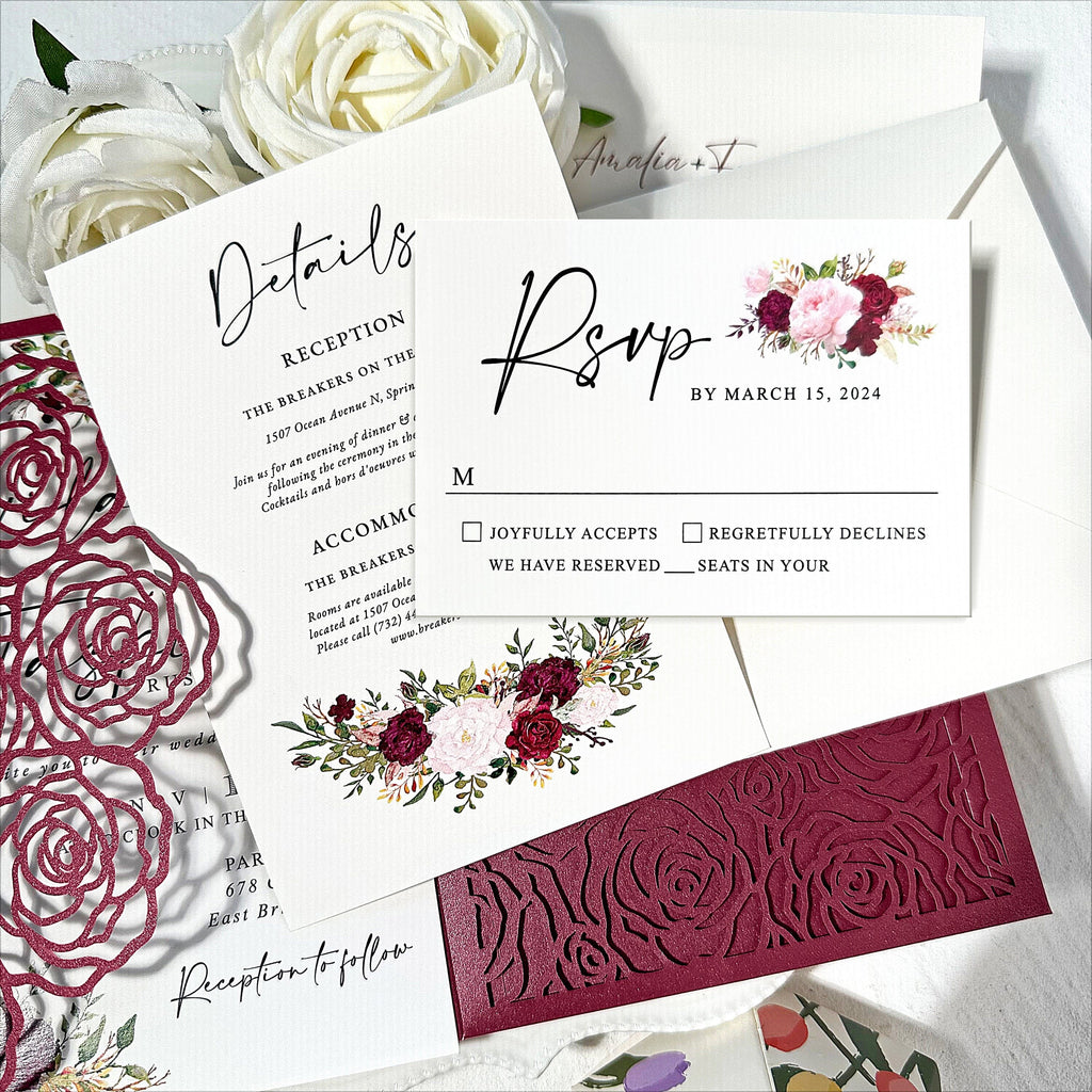 Burgundy Floral Pocket Wedding Invitation Set, Romantic Rose Laser Cut Trifold Invites, Elegant Red and Blush Flowers RSVP, Personalized Detail Cards Wedding Ceremony Supplies Picky Bride