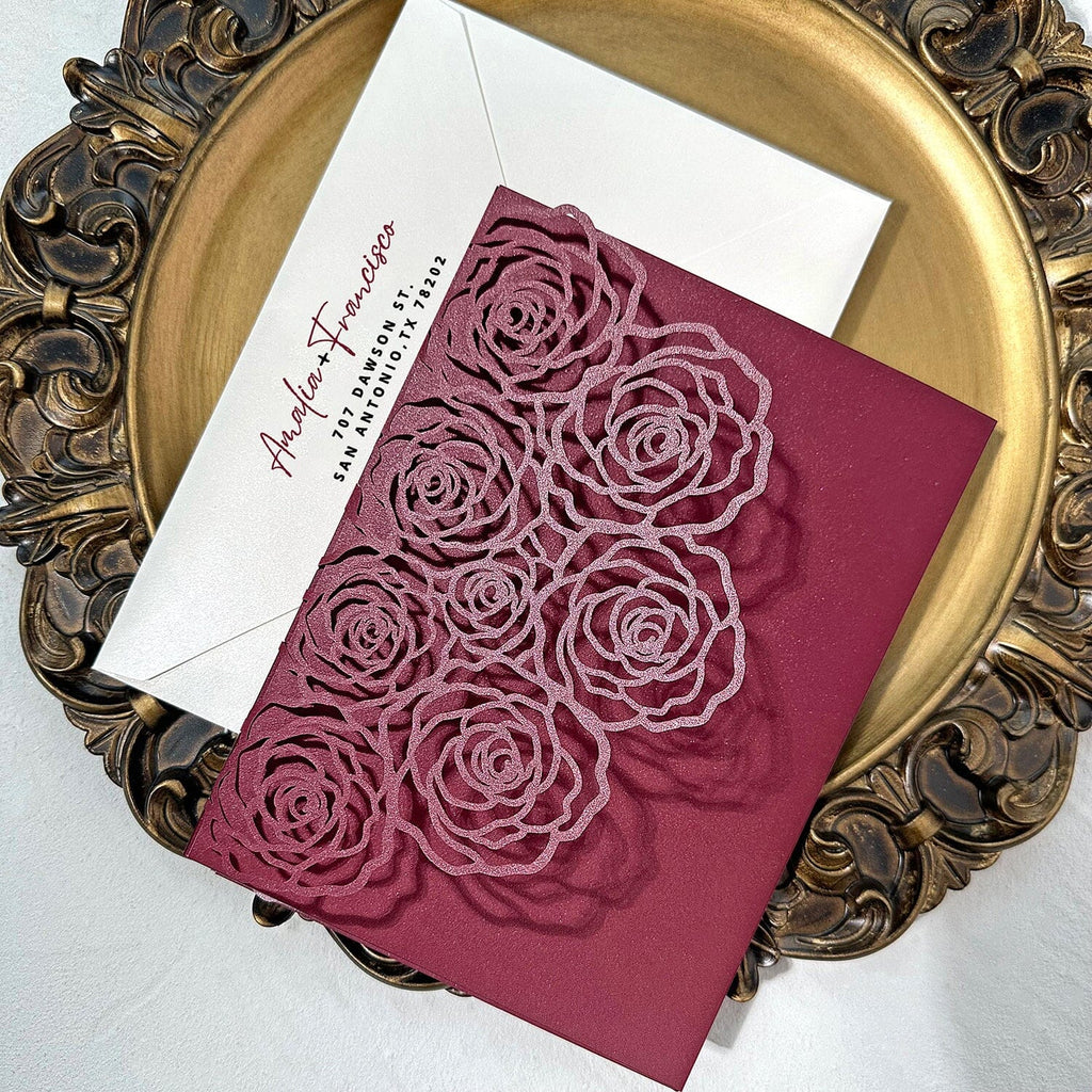 Burgundy Floral Pocket Wedding Invitation Set, Romantic Rose Laser Cut Trifold Invites, Elegant Red and Blush Flowers RSVP, Personalized Detail Cards Wedding Ceremony Supplies Picky Bride