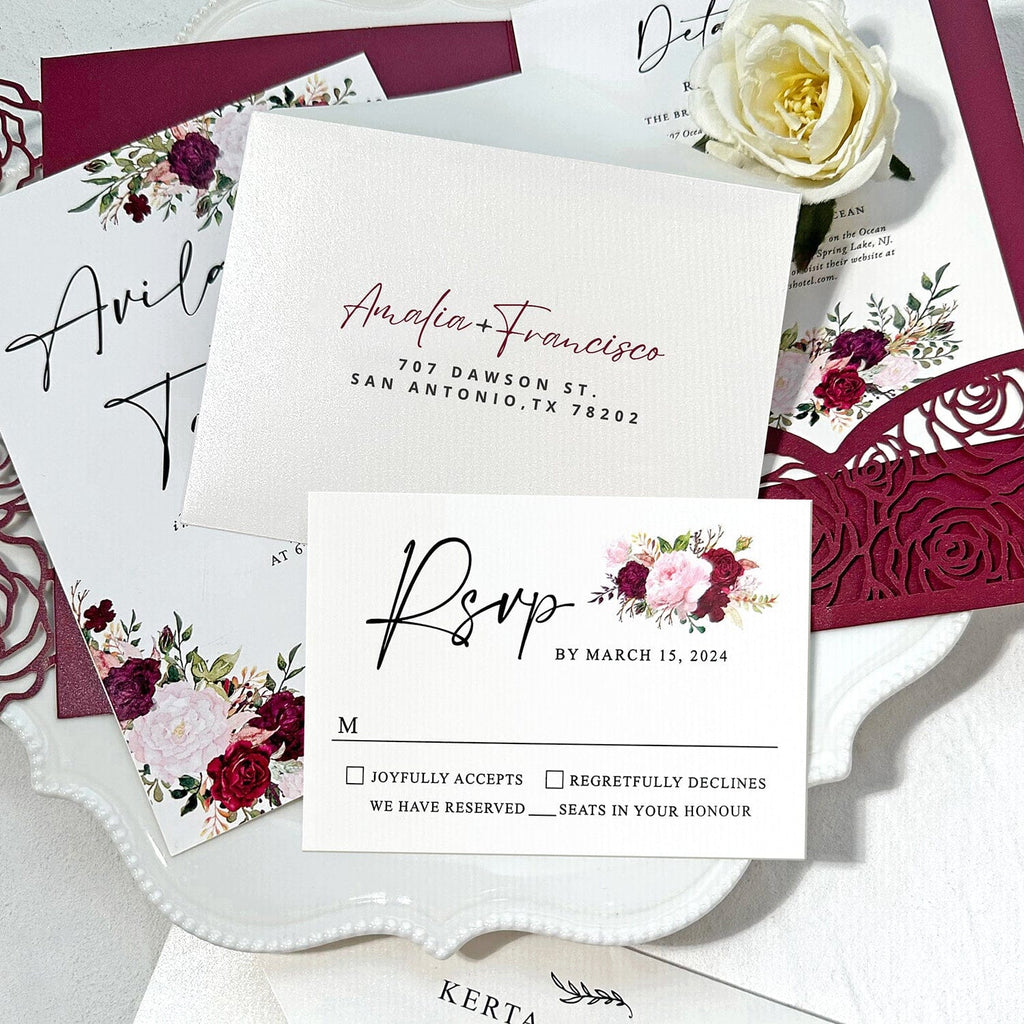Burgundy Floral Pocket Wedding Invitation Set, Romantic Rose Laser Cut Trifold Invites, Elegant Red and Blush Flowers RSVP, Personalized Detail Cards Wedding Ceremony Supplies Picky Bride