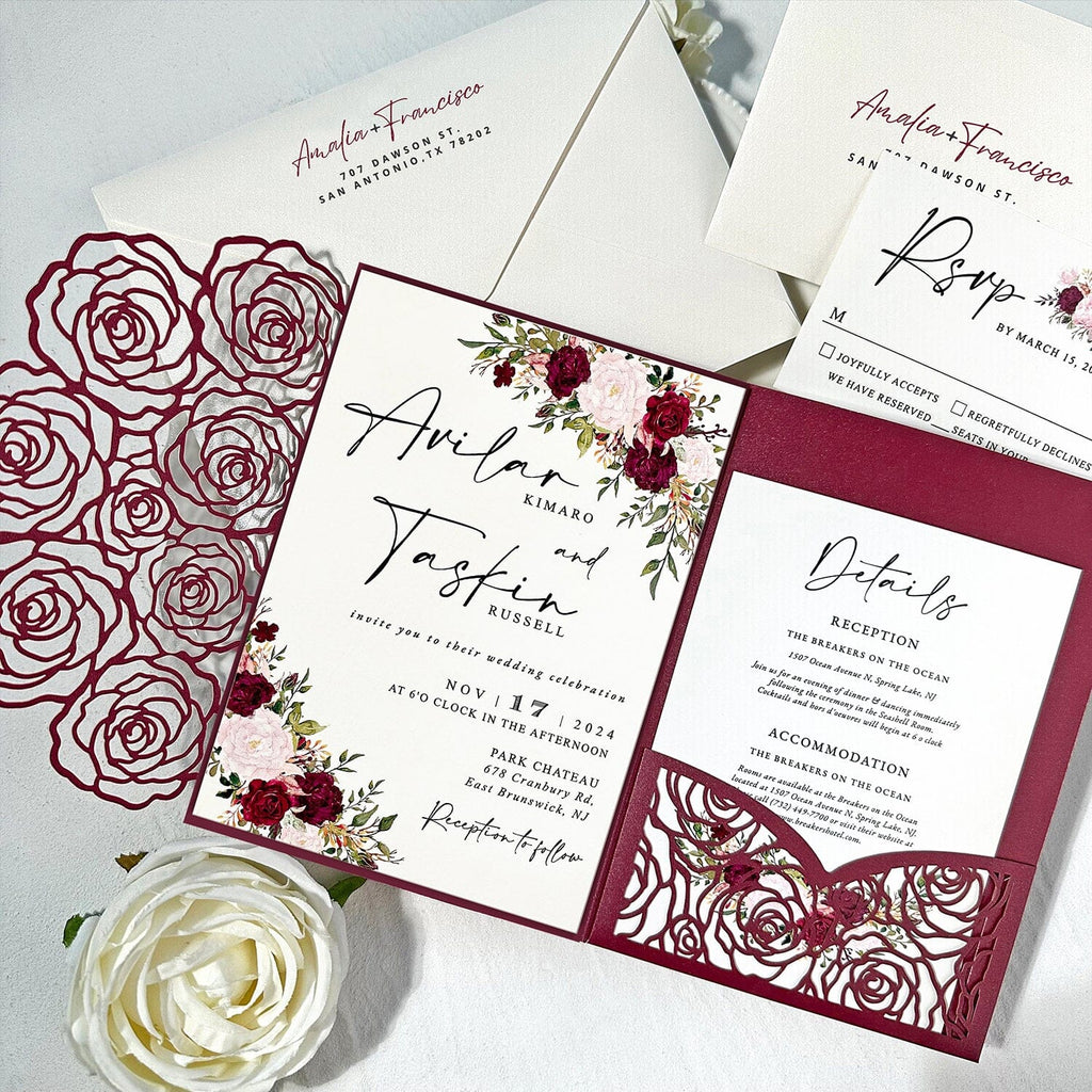 Burgundy Floral Pocket Wedding Invitation Set, Romantic Rose Laser Cut Trifold Invites, Elegant Red and Blush Flowers RSVP, Personalized Detail Cards Wedding Ceremony Supplies Picky Bride