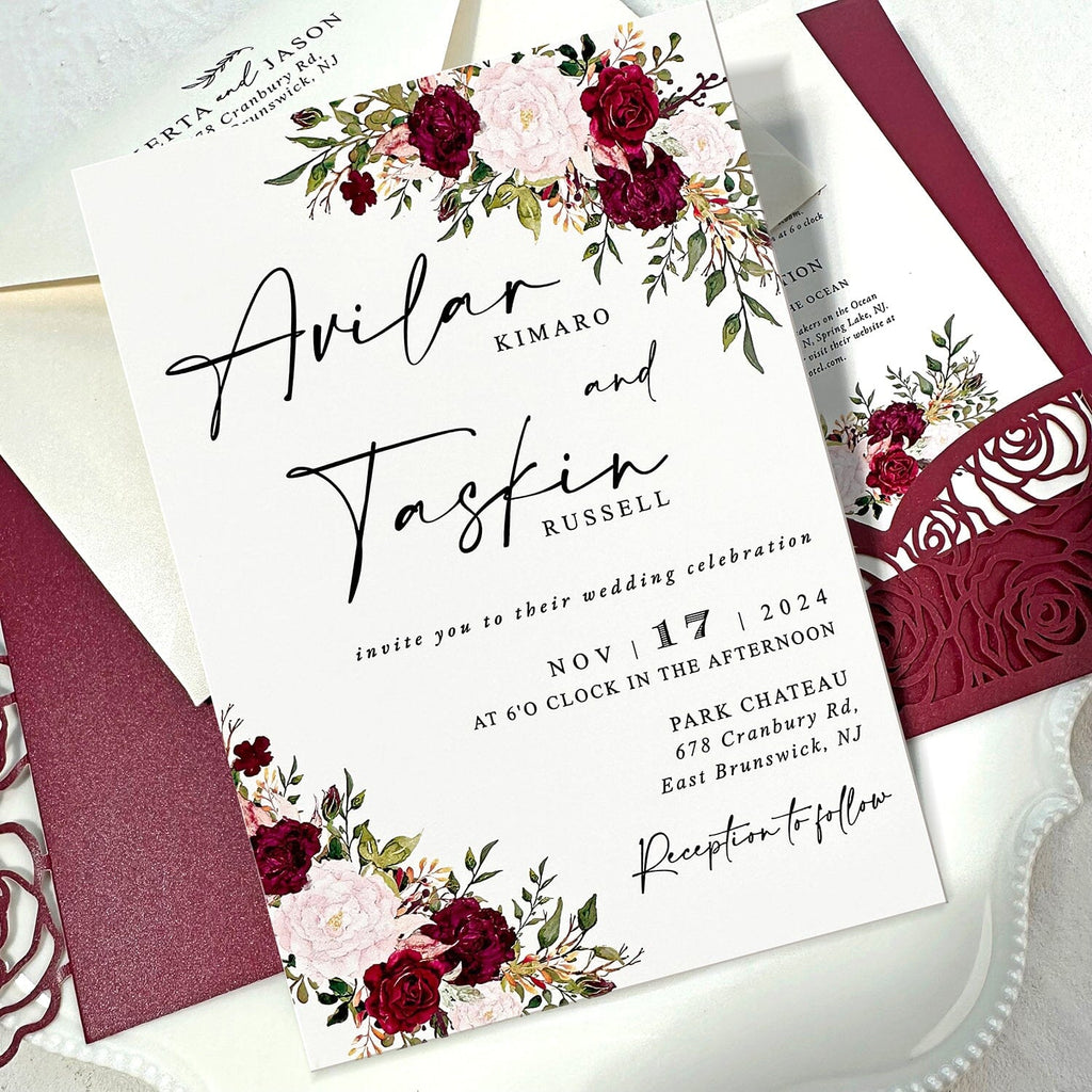 Burgundy Floral Pocket Wedding Invitation Set, Romantic Rose Laser Cut Trifold Invites, Elegant Red and Blush Flowers RSVP, Personalized Detail Cards Wedding Ceremony Supplies Picky Bride