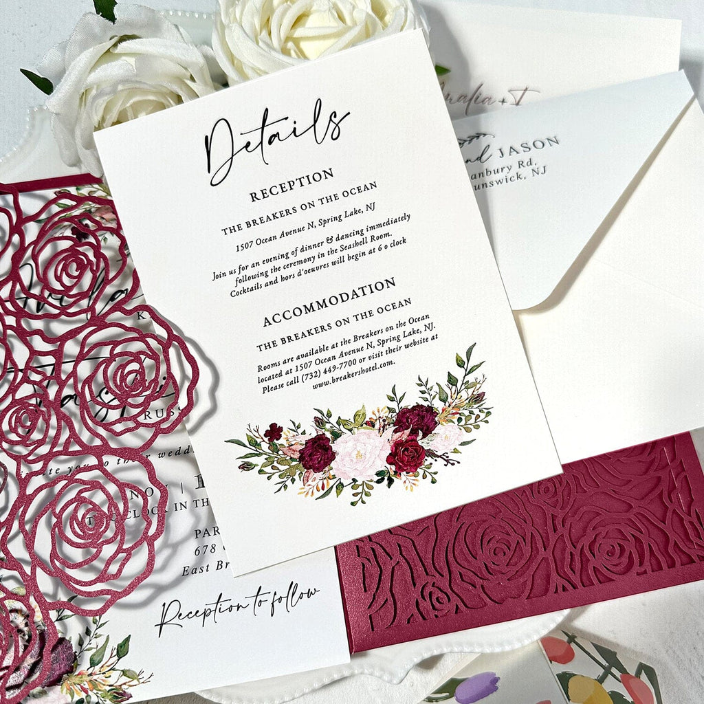 Burgundy Floral Pocket Wedding Invitation Set, Romantic Rose Laser Cut Trifold Invites, Elegant Red and Blush Flowers RSVP, Personalized Detail Cards Wedding Ceremony Supplies Picky Bride