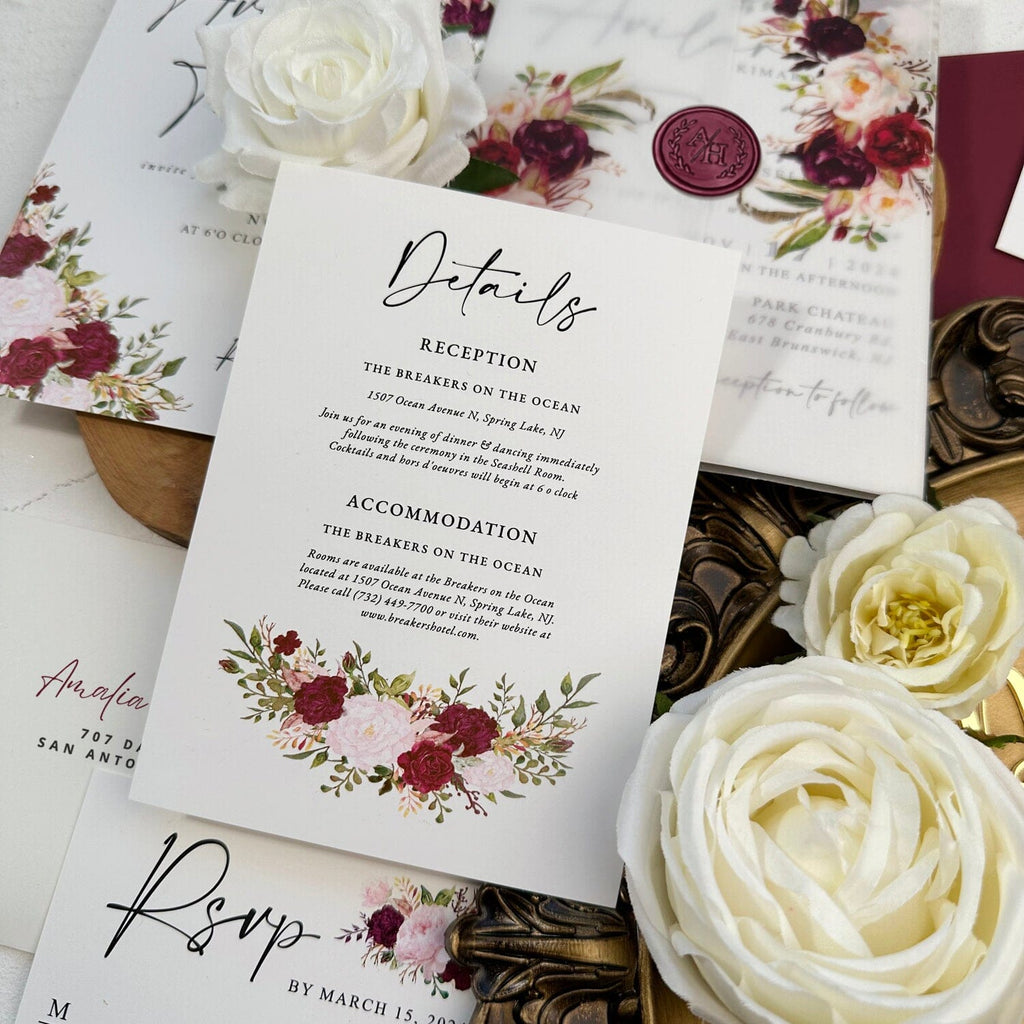 Burgundy Floral Vellum Wedding Invitation, Romantic Rose Invites with Personalized Wax Seal, All Matched Cards and Flowers Lined Envelopes Addressing Stickers Picky Bride