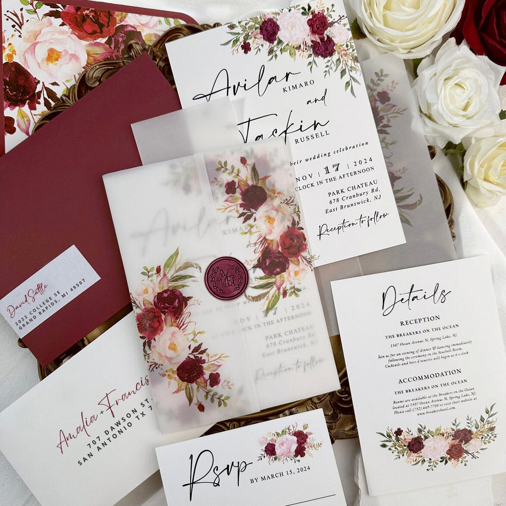 Burgundy Floral Vellum Wedding Invitation, Romantic Rose Invites with Personalized Wax Seal, All Matched Cards and Flowers Lined Envelopes Addressing Stickers Picky Bride