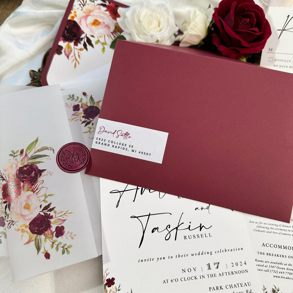Burgundy Floral Vellum Wedding Invitation, Romantic Rose Invites with Personalized Wax Seal, All Matched Cards and Flowers Lined Envelopes Addressing Stickers Picky Bride