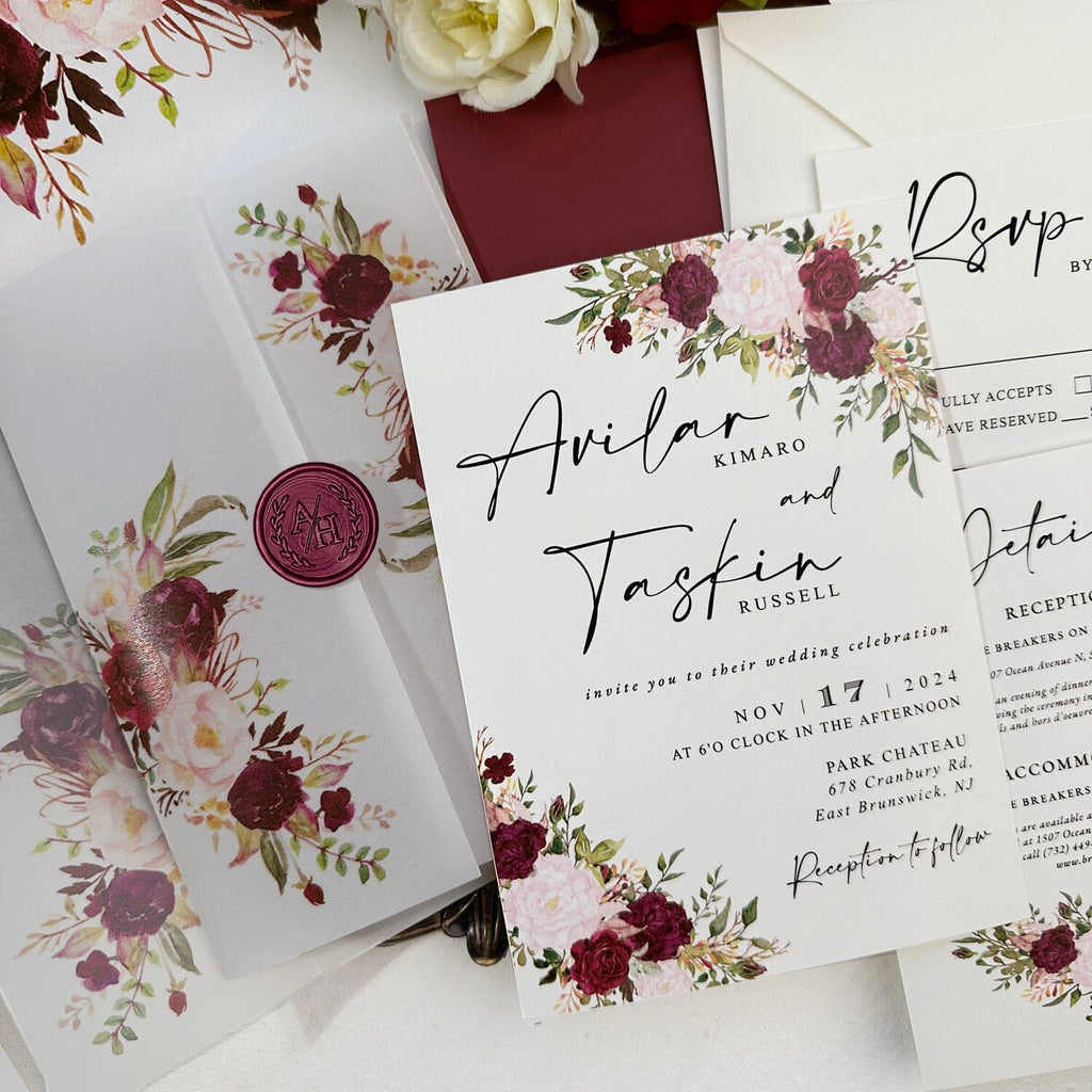 Burgundy Floral Vellum Wedding Invitation, Romantic Rose Invites with Personalized Wax Seal, All Matched Cards and Flowers Lined Envelopes Addressing Stickers Picky Bride