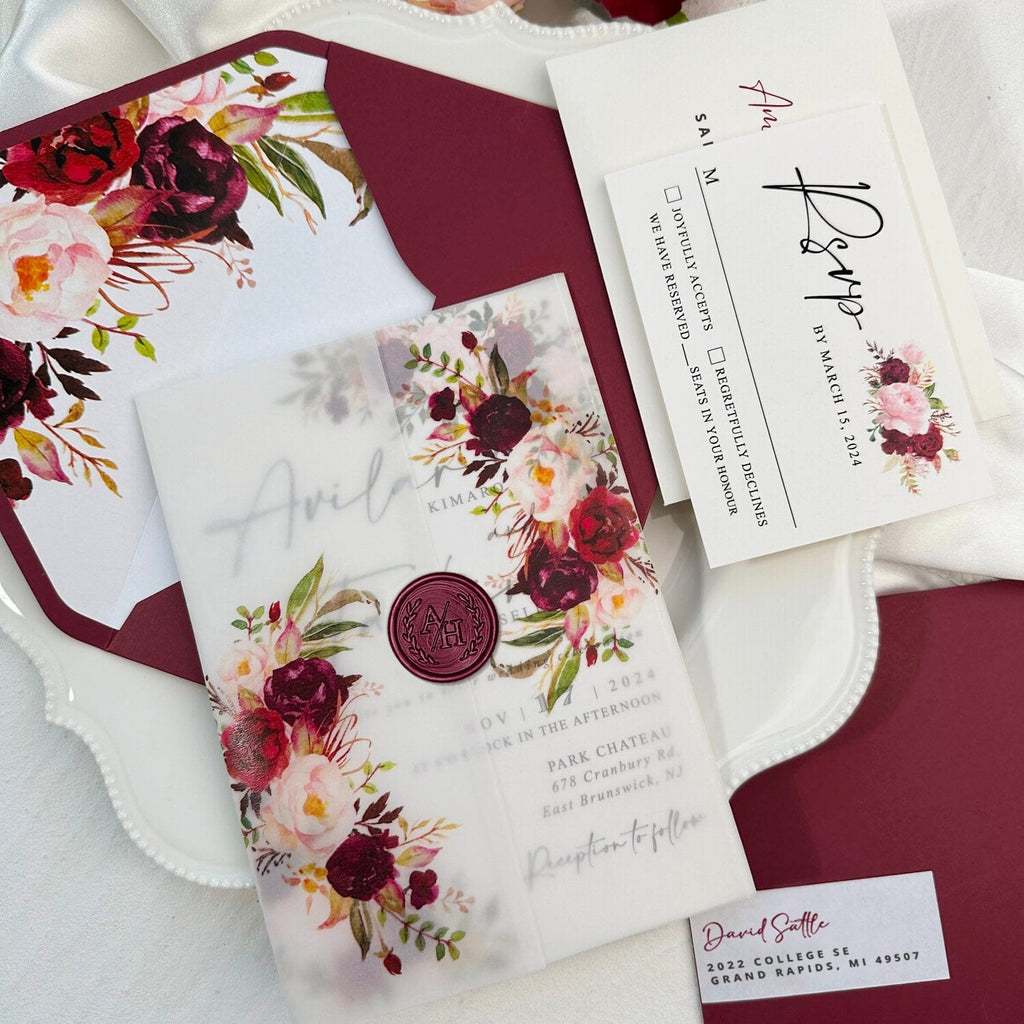 Burgundy Floral Vellum Wedding Invitation, Romantic Rose Invites with Personalized Wax Seal, All Matched Cards and Flowers Lined Envelopes Addressing Stickers Picky Bride