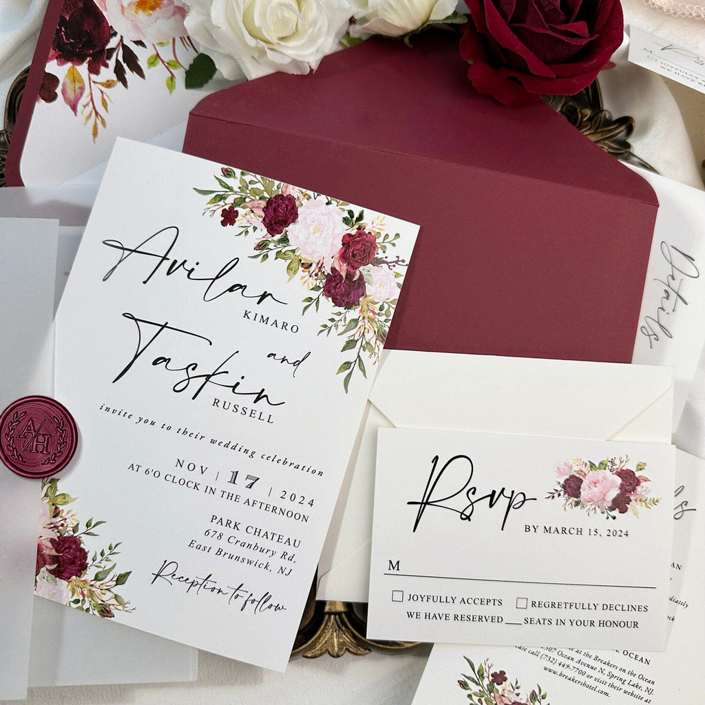 Burgundy Floral Vellum Wedding Invitation, Romantic Rose Invites with Personalized Wax Seal, All Matched Cards and Flowers Lined Envelopes Addressing Stickers Picky Bride