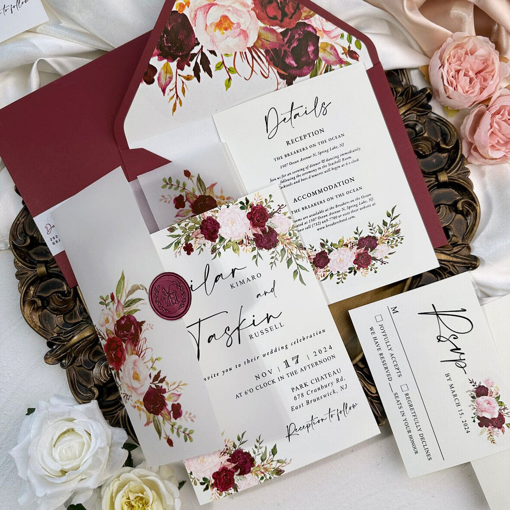 Burgundy Floral Vellum Wedding Invitation, Romantic Rose Invites with Personalized Wax Seal, All Matched Cards and Flowers Lined Envelopes Addressing Stickers Picky Bride