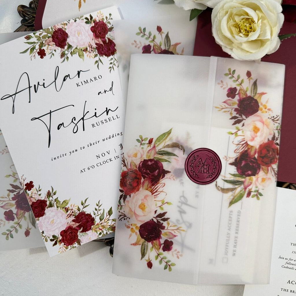Burgundy Floral Vellum Wedding Invitation, Romantic Rose Invites with Personalized Wax Seal, All Matched Cards and Flowers Lined Envelopes Addressing Stickers Picky Bride