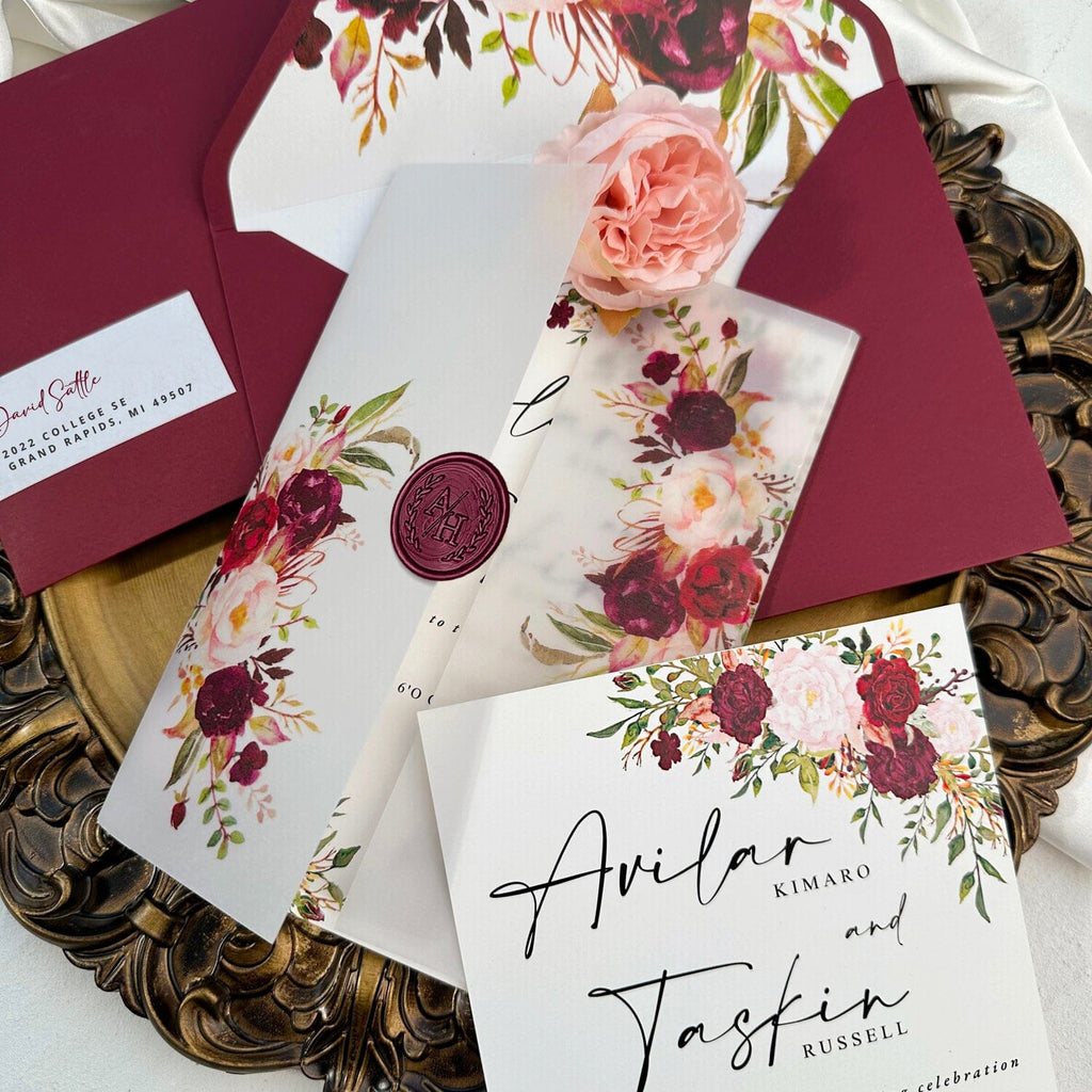 Burgundy Floral Vellum Wedding Invitation, Romantic Rose Invites with Personalized Wax Seal, All Matched Cards and Flowers Lined Envelopes Addressing Stickers Picky Bride