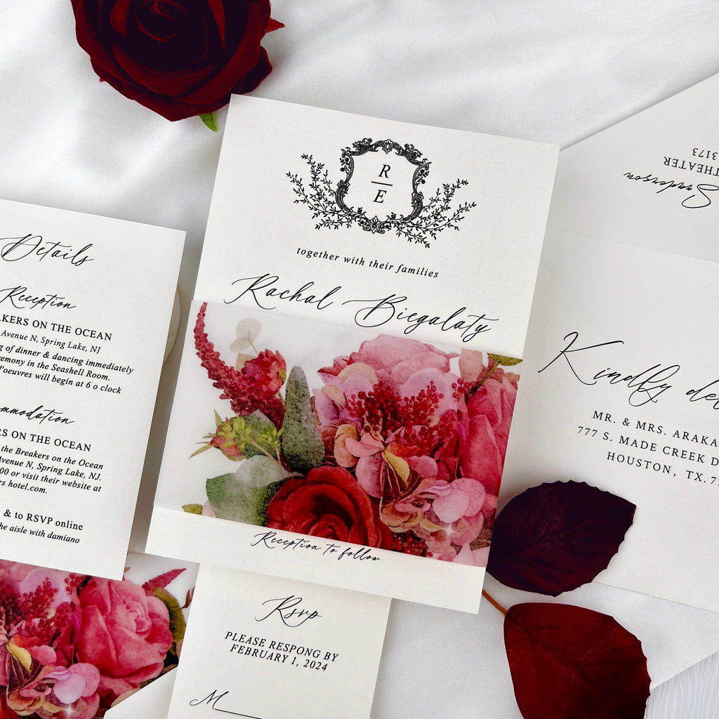 Burgundy Floral Wedding Invitations, Romantic Fall Floral Vellum Belly Band Invites, Minimalist Personalized Printed Wedding Invitation Picky Bride