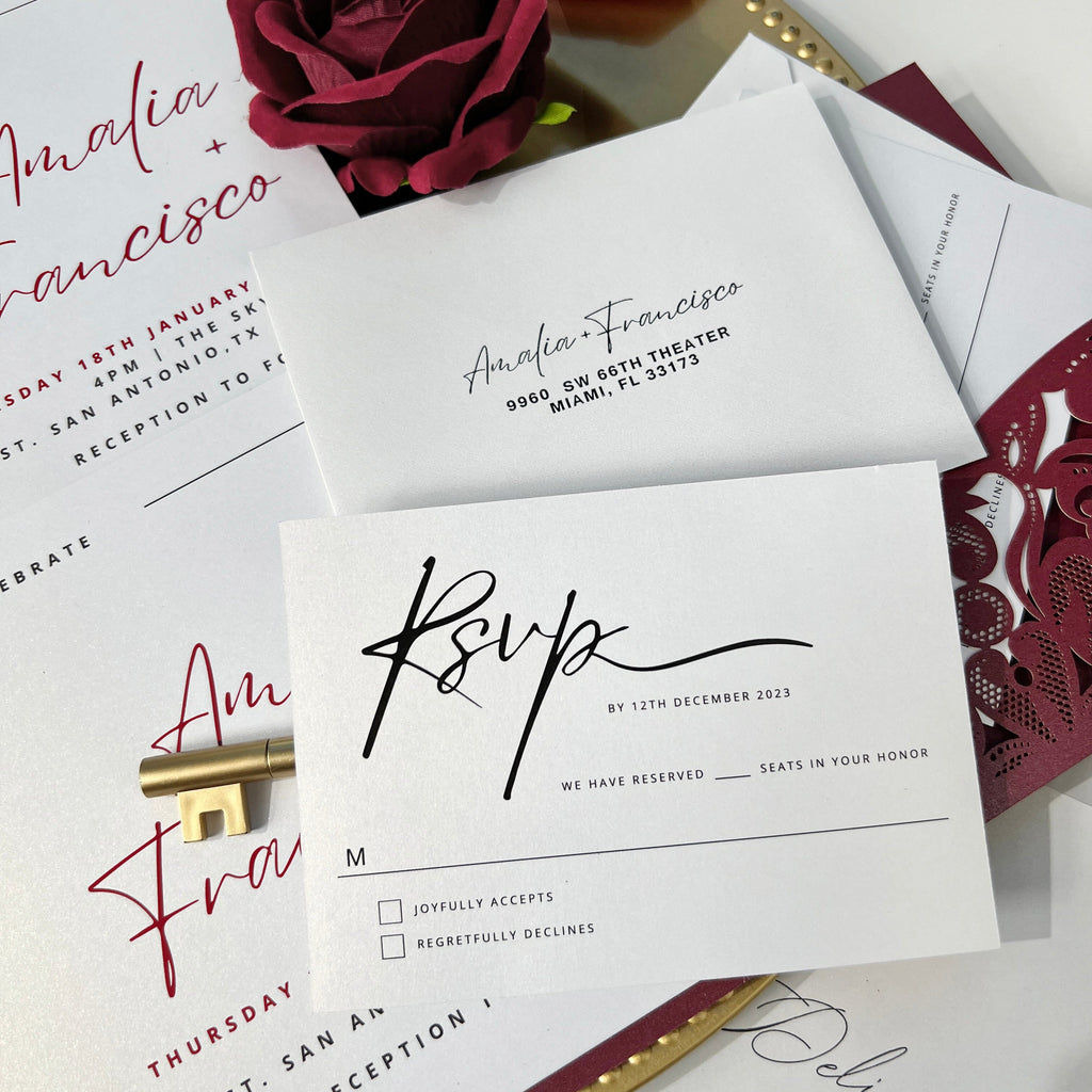 Burgundy Laser Cut Wedding Invitation Set, Lace Pocket Wedding Invitations, Printable Monogram Classic Invites Wedding Ceremony Supplies Picky Bride