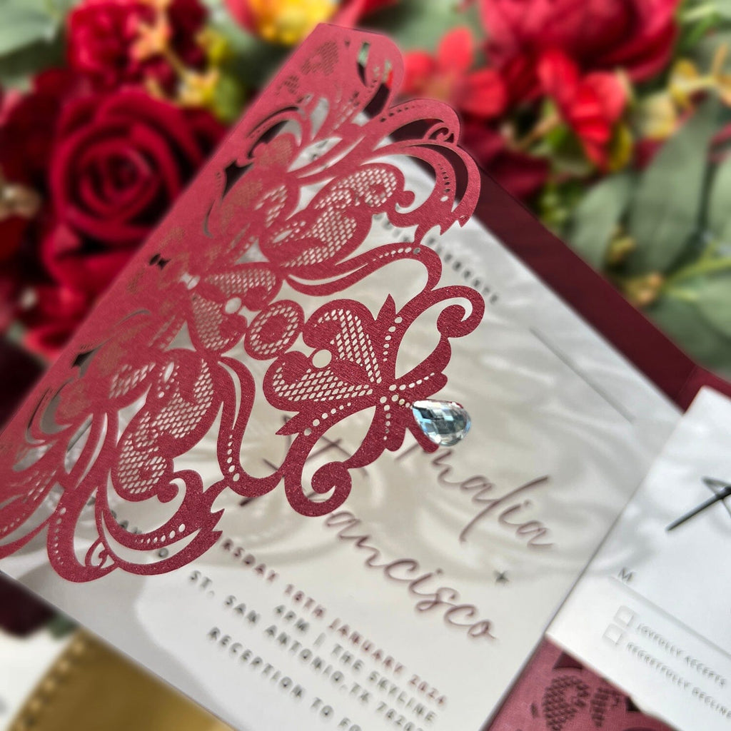 Burgundy Laser Cut Wedding Invitation Set, Lace Pocket Wedding Invitations, Printable Monogram Classic Invites Wedding Ceremony Supplies Picky Bride