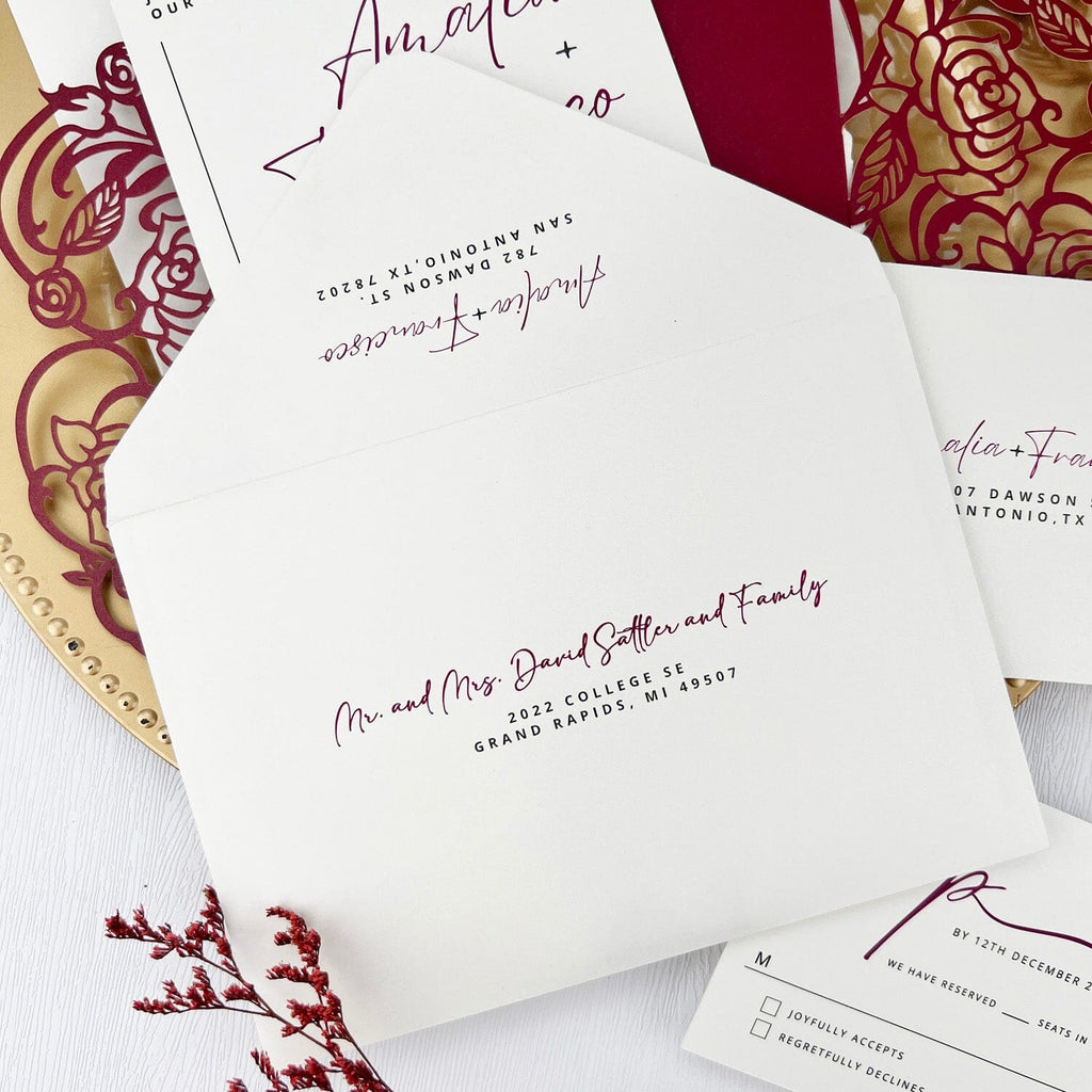 Burgundy Rose Wedding Invitations, 5x7 Laser Cut Invites, Modern QR Code Invitation Card Wedding Ceremony Supplies Picky Bride