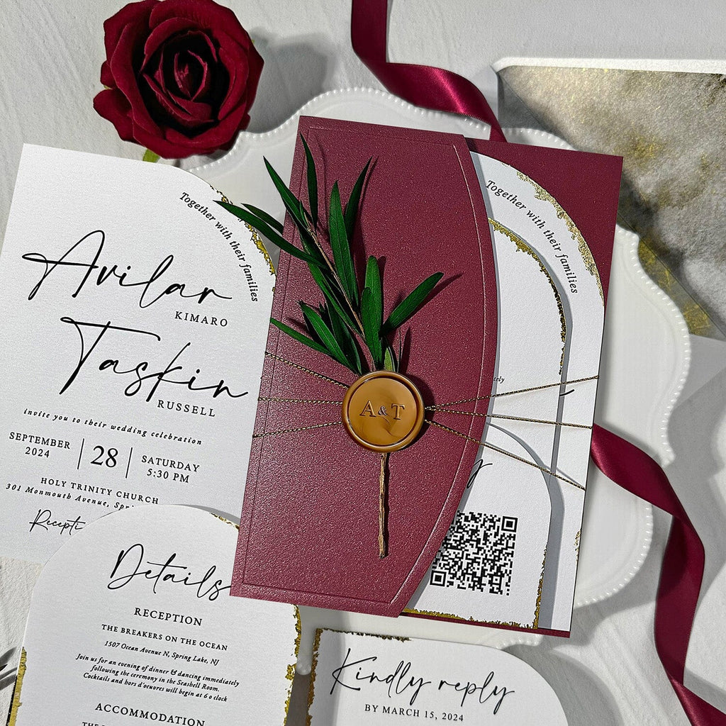 Burgundy Wedding Invitation Set, Arch Reception Invitation and Detail Cards Wedding Ceremony Supplies Picky Bride