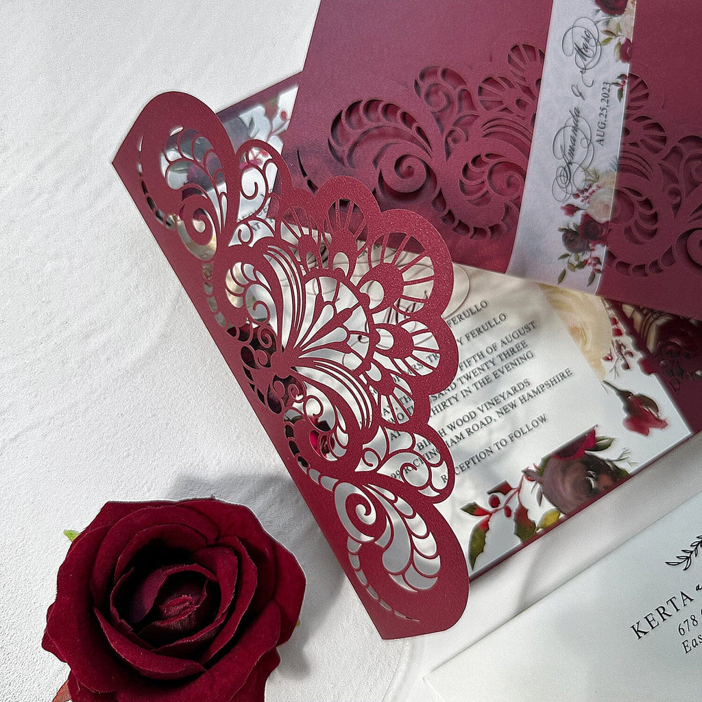 Burgundy Wedding Invitation Set, Tri-fold Pocket Floral Invitation and RSVP Cards Wedding Ceremony Supplies Picky Bride