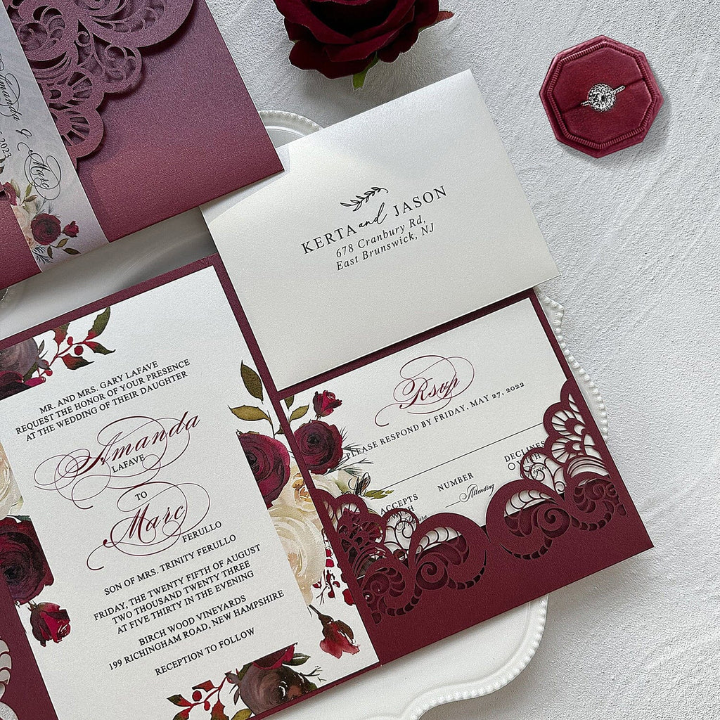 Burgundy Wedding Invitation Set, Tri-fold Pocket Floral Invitation and RSVP Cards Wedding Ceremony Supplies Picky Bride
