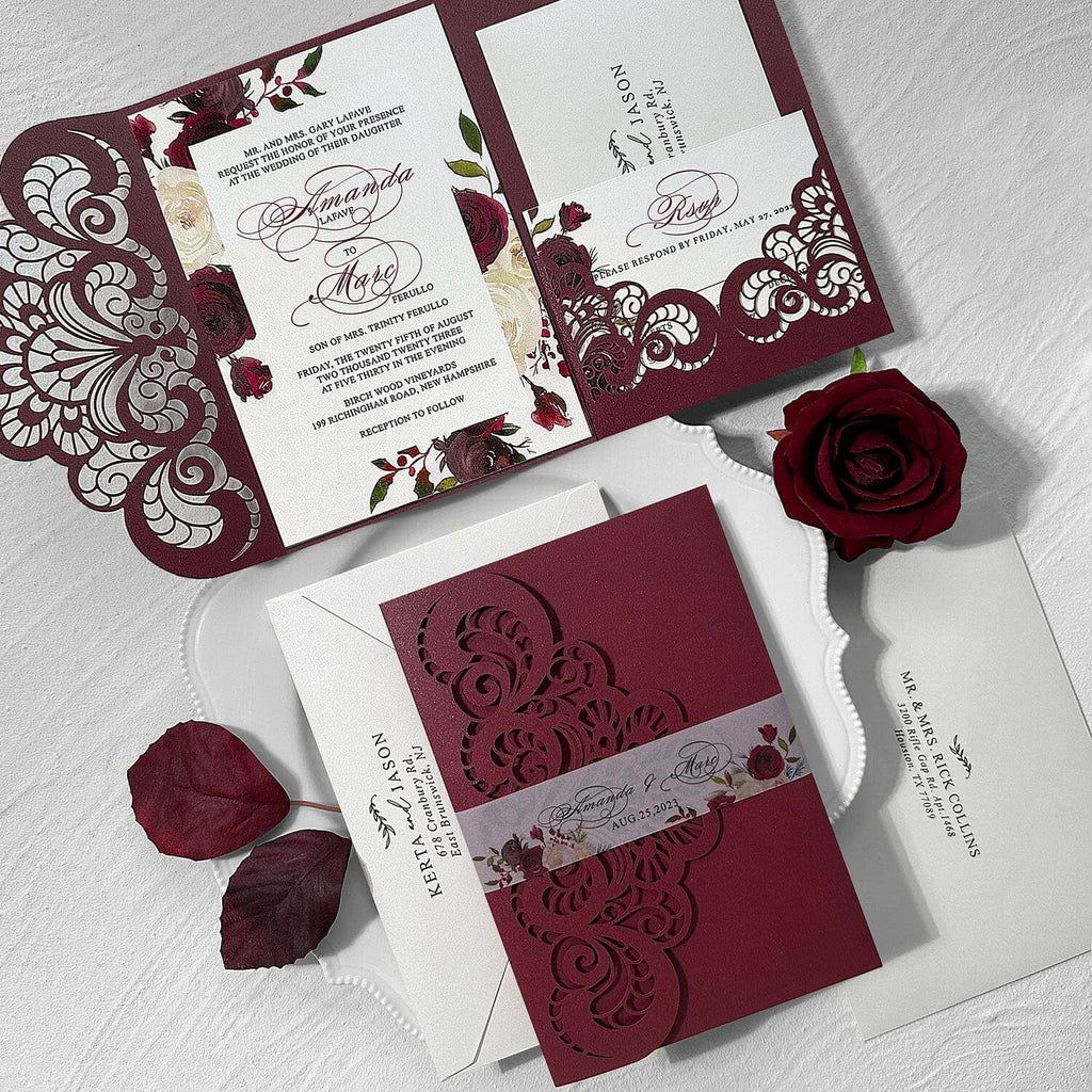 Burgundy Wedding Invitation Set, Tri-fold Pocket Floral Invitation and RSVP Cards Wedding Ceremony Supplies Picky Bride