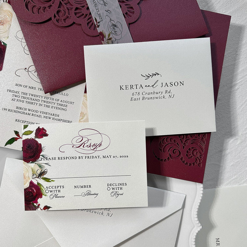 Burgundy Wedding Invitation Set, Tri-fold Pocket Floral Invitation and RSVP Cards Wedding Ceremony Supplies Picky Bride