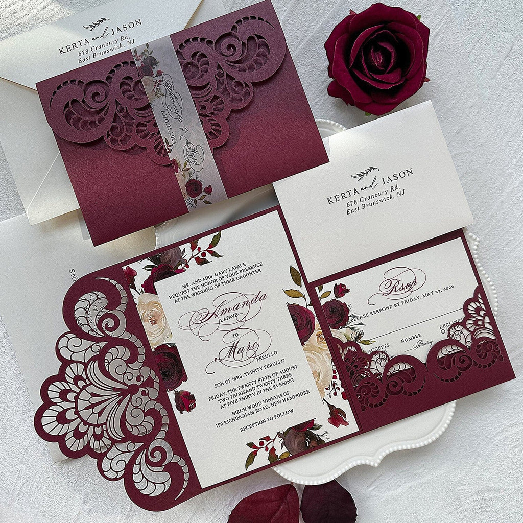 Burgundy Wedding Invitation Set, Tri-fold Pocket Floral Invitation and RSVP Cards Wedding Ceremony Supplies Picky Bride