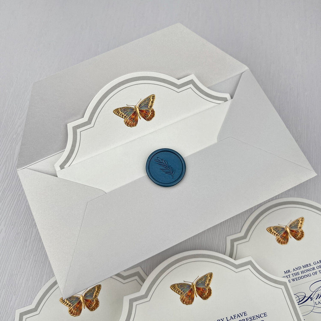 Butterfly Bracket Shaped Wedding Invitations, Romantic Colorful Gold Foil Invites, Elegant Gold and Blue Invitation with Customized Wax Seal Wedding Ceremony Supplies Picky Bride