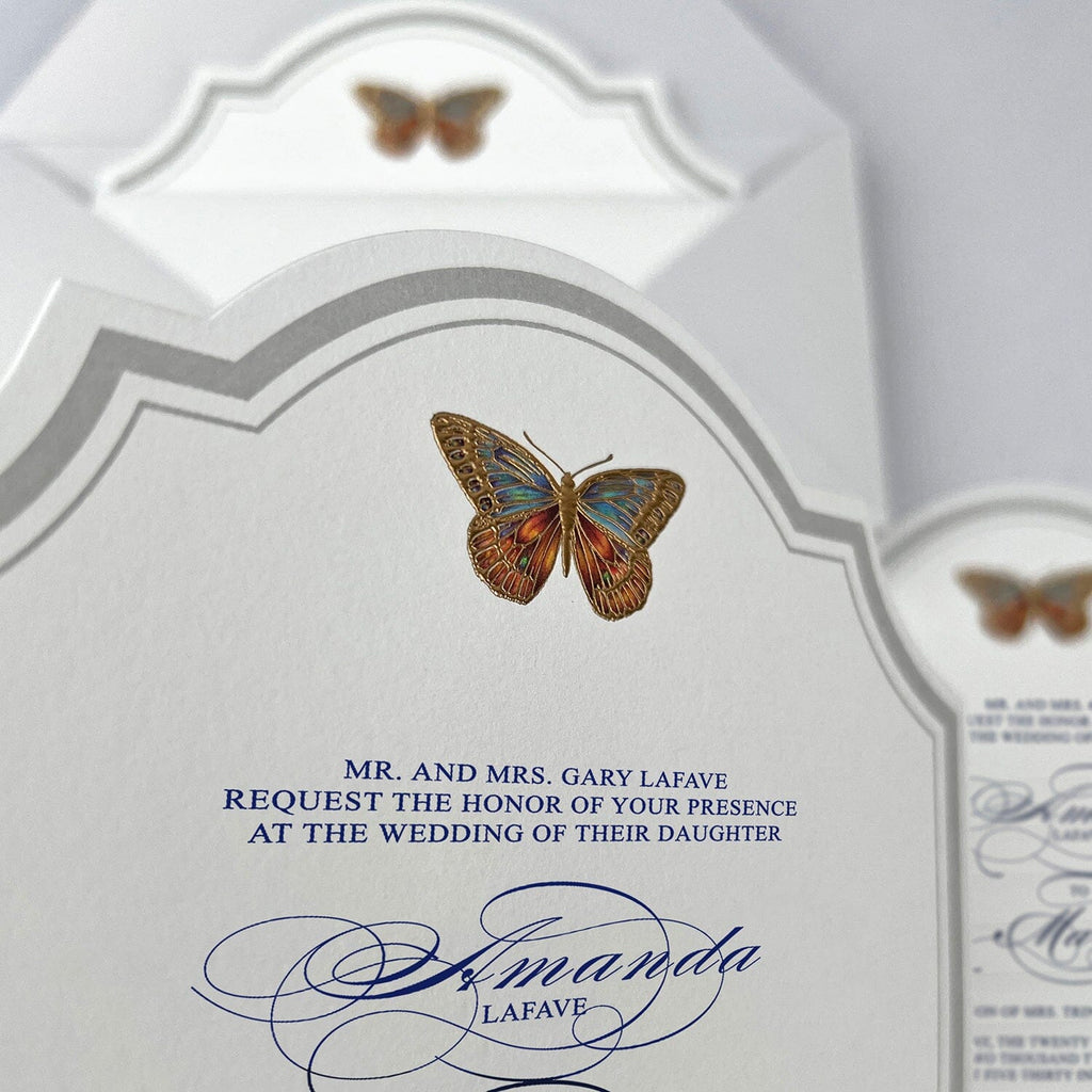 Butterfly Bracket Shaped Wedding Invitations, Romantic Colorful Gold Foil Invites, Elegant Gold and Blue Invitation with Customized Wax Seal Wedding Ceremony Supplies Picky Bride