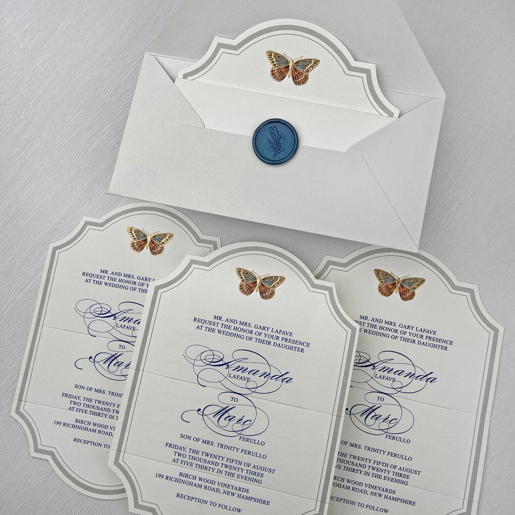 Butterfly Bracket Shaped Wedding Invitations, Romantic Colorful Gold Foil Invites, Elegant Gold and Blue Invitation with Customized Wax Seal Wedding Ceremony Supplies Picky Bride